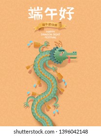 Cute dragon with paddles on orange background, happy Dragon boat festival written in Chinese characters