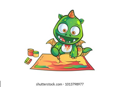 Cute Dragon Painting.Vector Illustration. isolated on white background.