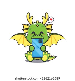 Cute dragon with phone cartoon vector illustration. Vector cartoon Illustration suitable for poster, brochure, web, mascot, sticker, logo and icon.