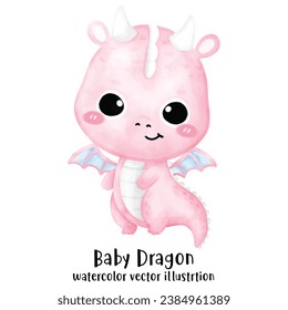 Cute Dragon, Pink Dragon, Baby Dinosaur, watercolor