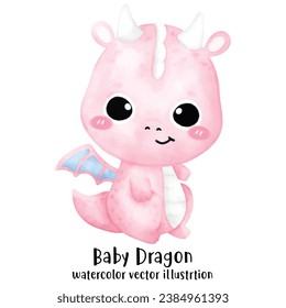 Cute Dragon, rosafarbener Drache, Baby Dinosaurier, Aquarell