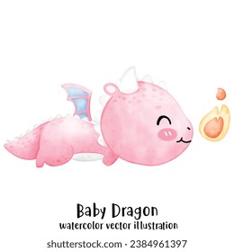 Cute Dragon, Pink Dragon, Baby Dinosaur, watercolor