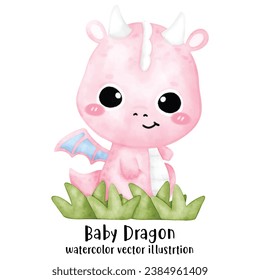 Cute Dragon, Pink Dragon, Baby Dinosaur, watercolor