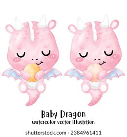 Cute Dragon, Pink Dragon, Baby Dinosaur, watercolor