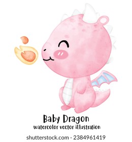 Cute Dragon, Pink Dragon, Baby Dinosaur, watercolor