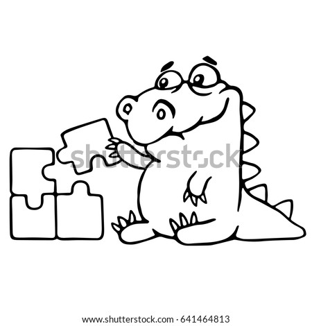 cute dragon is played and assemble the puzzle. vector illustration. funny cartoon character.