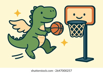 Cute Dragon Playing Basketball on court