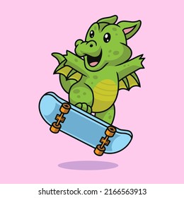 Cute dragon playing skateboard cartoon premium vector The Concept of Isolated Technology. Flat Cartoon Style Suitable for Landing Web Pages, Banners, Flyers, Stickers, Cards