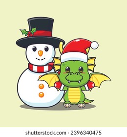 Cute dragon playing with Snowman. Cute christmas cartoon character illustration. 