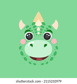 Cute Dragon Portrait Square Smile Head Cartoon Round Shape Dinosaur Green Animal Face, Isolated Vector Icon Illustration. Flat Simple Hand Drawn For Kids Poster, UI App Avatar, T-shirts, Baby Clothes