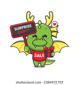 cute dragon with promotion sign and gift box in black friday sale cartoon vector illustration