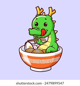 Cute Dragon In Ramen Noodle Cartoon Vector Icon Illustration. Animal Food Icon Concept Isolated Premium Vector. Flat Cartoon Style