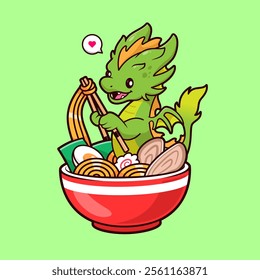 Cute Dragon Ramen Noodle Chopstick Cartoon Vector Icon 
Illustration. Animal Food Icon Concept Isolated Premium 
Vector. Flat Cartoon Style 