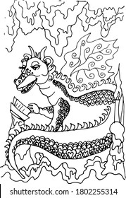 Cute dragon reading a book in a cave. Linear vector illustration. Fabulous sketch.  Coloring page for children and adults.