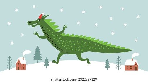 Cute Dragon in Santa hat. New Year of the green Dragon on the eastern calendar. Dragon running on the snow.