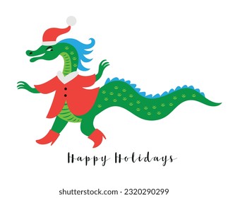 Cute Dragon in Santa suit.   New Year of the green Dragon on the eastern calendar