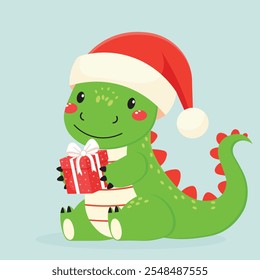 cute dragon in santas hat with christmas present flat illustration