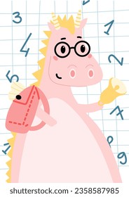 Cute dragon schoolboy with a backpack and a bell with numbers on the background. Scandinavian flat style animal. Doodle vector illustration