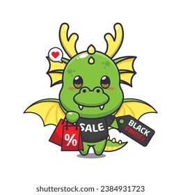 cute dragon with shopping bag and black friday sale discount cartoon vector illustration