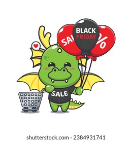 cute dragon with shopping cart and balloon at black friday sale cartoon vector illustration