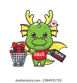cute dragon with shopping cart and discount coupon black friday sale cartoon vector illustration