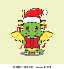 Cute dragon sing a christmas song. Cute christmas cartoon character illustration. 