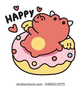 Cute dragon sit on strawberry donut on white background.Chinese animal character cartoon design.Zodiac.Sweet.Dessert.Heart.Kawaii.Vector.Illustration.Ilustrator.