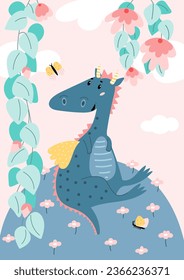 Cute dragon sits on a fabulous flower meadow. Cartoon style animal. Doodle summer vector illustration.