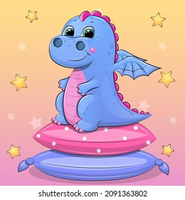 Cute dragon sits on pillows. Vector illustration of an animal on a colorful background with stars.