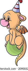 The cute dragon is sitting on the ball and using the birthday hat of illustration