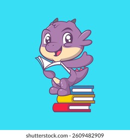 Cute Dragon Sitting on Book While Reading – Adorable Fantasy Reading Illustration