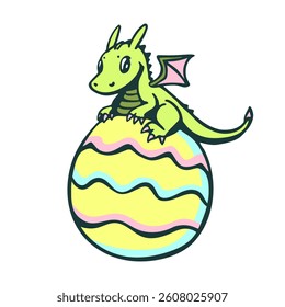 cute dragon sitting on an Easter egg sticker vector illustration