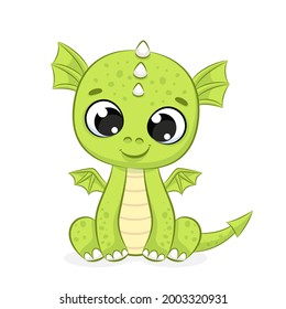 A cute dragon is sitting and smiling at you. Cartoon vector illustration.