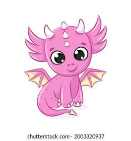 A cute dragon is sitting and smiling at you. Cartoon vector illustration.
