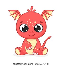 A cute dragon is sitting and smiling at you. Cartoon vector illustration.