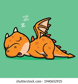 Cute dragon sleeping cartoon isolated on green background.
