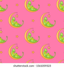 Cute dragon sleeping on moon vector seamless pattern
