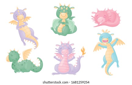 Cute Dragon with Small Wings and Horned Body Vector Set