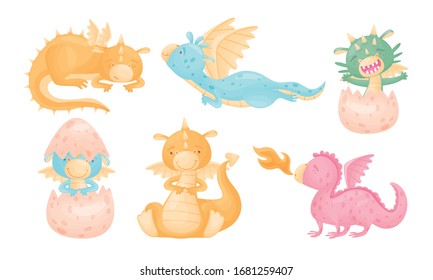 Cute Dragon with Small Wings and Horned Body Vector Set