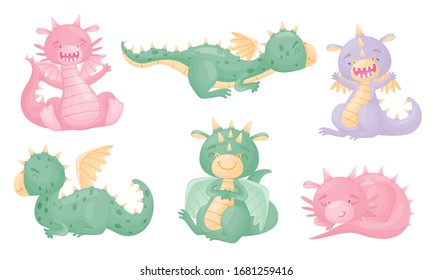 Cute Dragon with Small Wings and Horned Body Vector Set