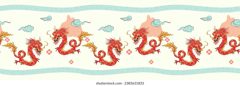 Cute dragon, snake seamless horizontal border pattern design with beautiful scene background swirl clouds, mountain, and wavy sea lines. Chinese decorative elements. Chinese new year 2024