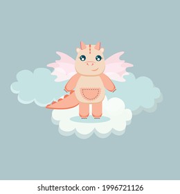 Un tierno dragón sopla en las nubes. Gran personaje para la ilustración infantil. 