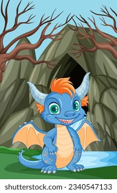 Cute Dragon Standing in Front of Cave illustration