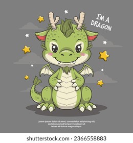 Cute Dragon With Stars On Dark Background. Vector Cartoon Illustration