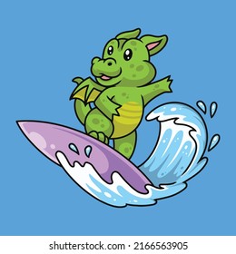 Cute dragon surfing in sea cartoon premium vector The Concept of Isolated Technology. Flat Cartoon Style Suitable for Landing Web Pages, Banners, Flyers, Stickers, Cards