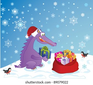 Cute Dragon, symbol 2012 year, lays presents in a sack.