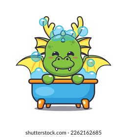 Cute dragon taking bubble bath in bathtub cartoon vector illustration. Vector cartoon Illustration suitable for poster, brochure, web, mascot, sticker, logo and icon.