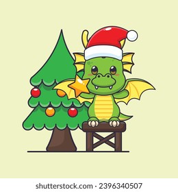 Cute dragon taking star from christmas tree. Cute christmas cartoon character illustration. 