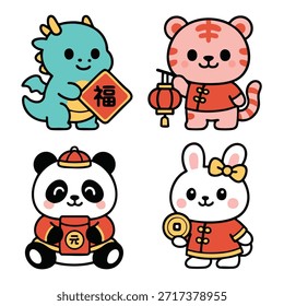 A cute dragon tiger panda rabbit, lunar new year, red outfit, lantern, coin
