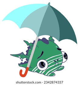 Cute dragon with an umbrella. Color. Vector.